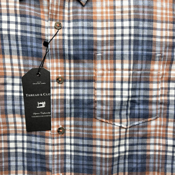 Thread & Cloth Button Down Shirt Mens M Twill Orange Blue Plaid Long Sleeve - Picture 2 of 12